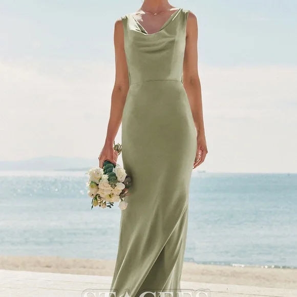 Satin Sage Green Bridesmaid Dress - Picture 1 of 7